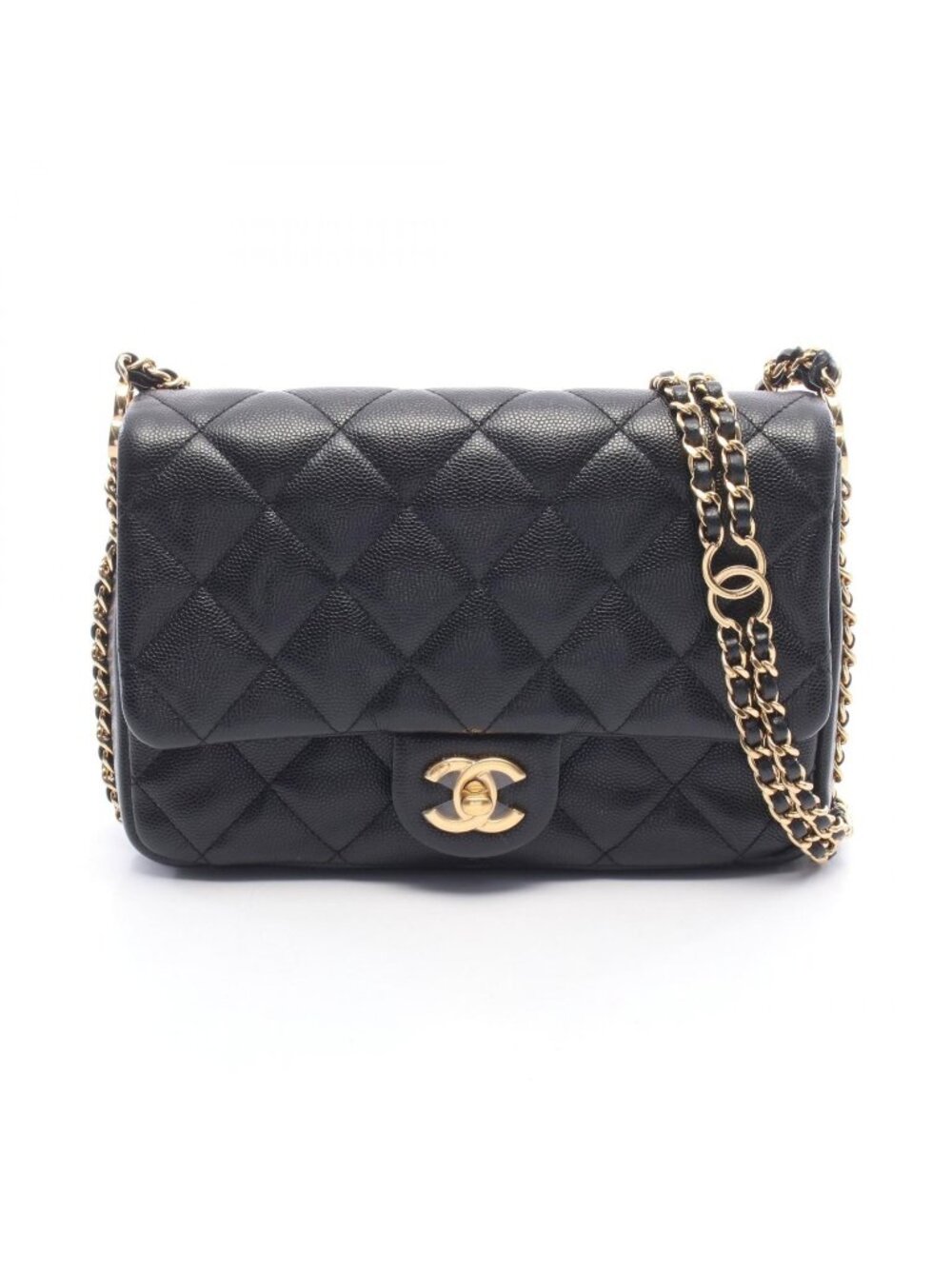 Chanel Shoulder Bag Quilted Black Caviar Leather Mini Chain